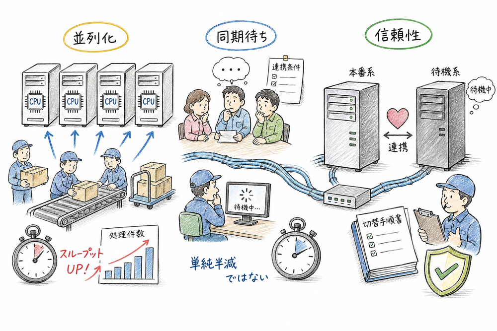 開発チームが設計ノートを共有しながらUMLを表記法として使う場面の図解