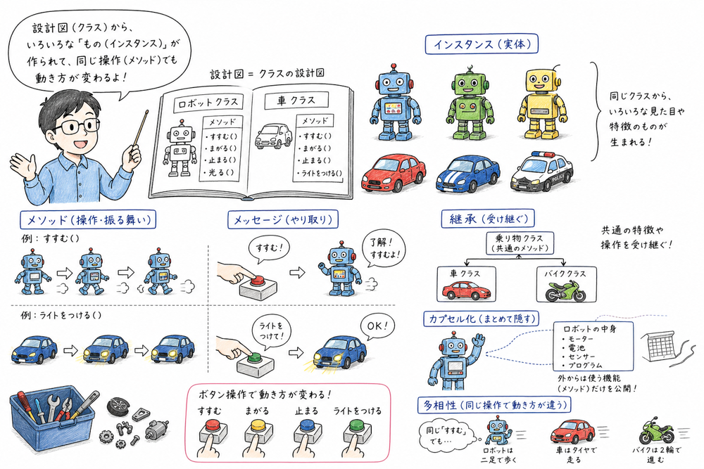 設計図から複数の実体が生まれる様子でクラスやインスタンス、継承、多相性を説明する図解