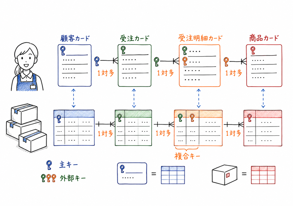 顧客と複数の注文票の具体例で多重度を反対側との対応として読む図解