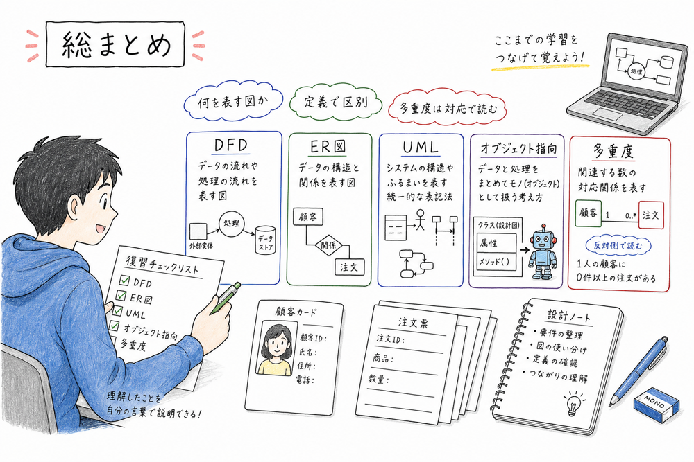 図法の違いと用語の定義、多重度の読み方を復習カードで整理する総まとめ図解