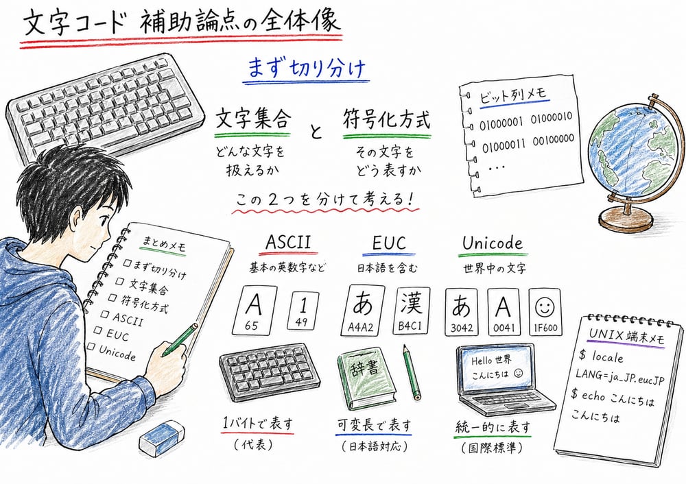 ASCII、EUC、Unicode を文字集合と符号化方式の切り分けから整理する図解