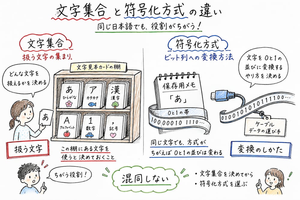 文字集合と符号化方式を役割の違いで切り分ける図解