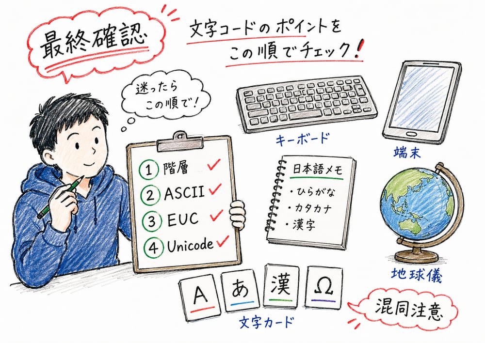 文字コード論点で階層判定と各用語の特徴を順に確認する図解