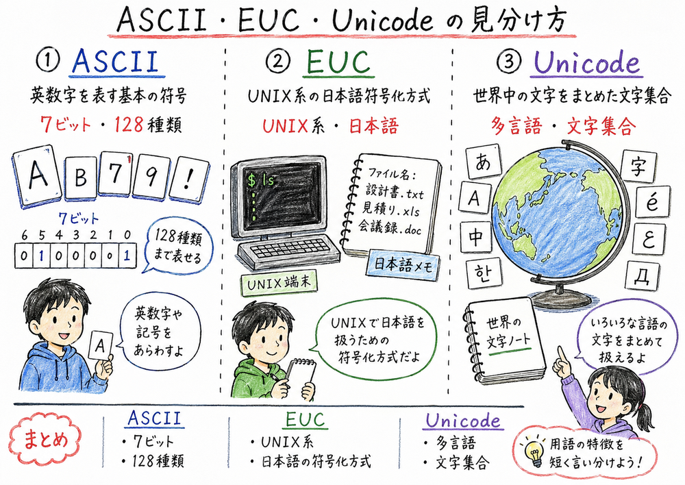 ASCII、EUC、Unicode の特徴を短い手掛かりで見分ける図解