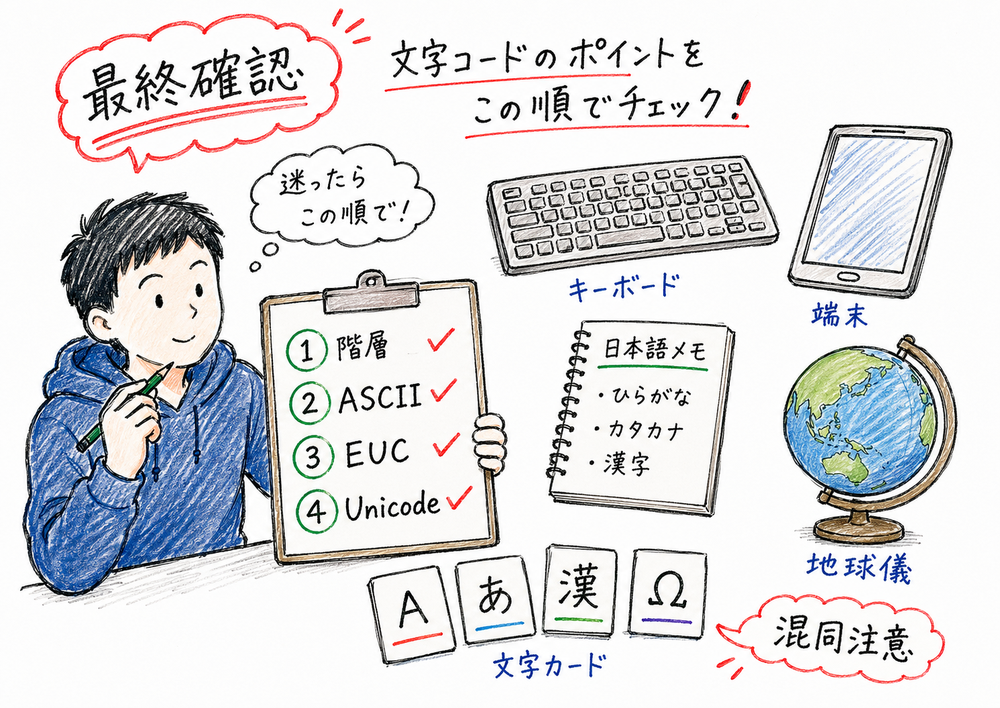 文字コード論点で階層判定と各用語の特徴を順に確認する図解