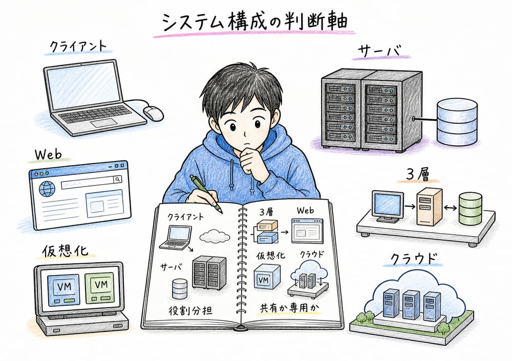 クライアント、サーバ、3層、仮想化、クラウドの判断軸を一枚で整理する図解