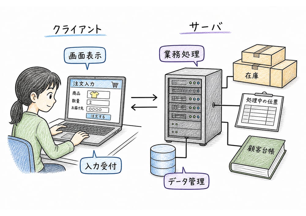 利用者端末とサーバの役割分担を、画面入力と業務処理、データ管理で見分ける図解