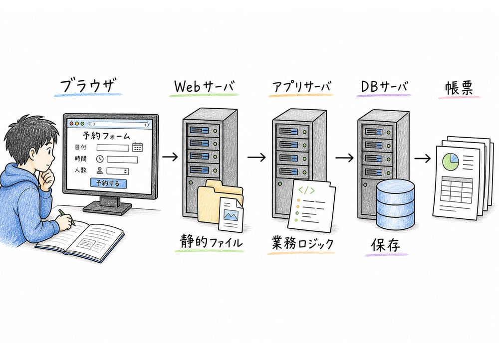 ブラウザ、Webサーバ、アプリケーションサーバ、データベースサーバの役割を分けて読む図解