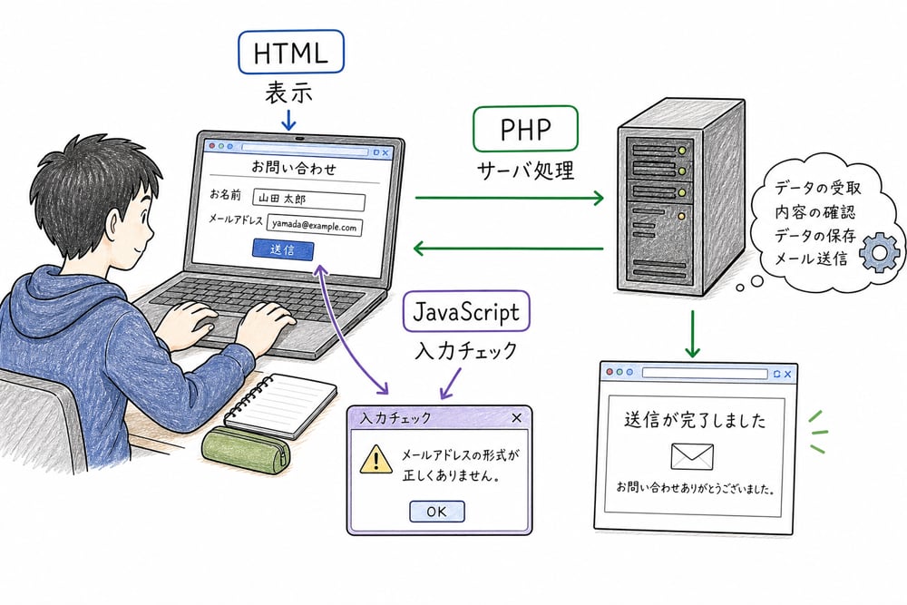 HTML、JavaScript、PHPの処理場所をブラウザとサーバで切り分ける図解
