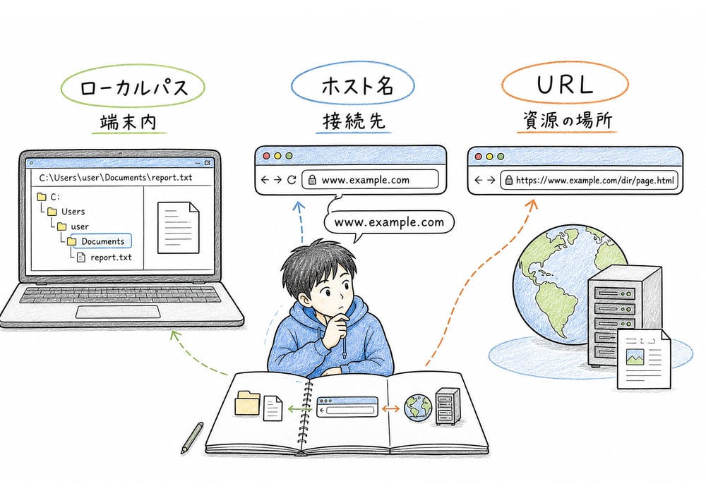 URL、ローカルパス、ホスト名が指す対象の違いを端末とネットワークで見分ける図解