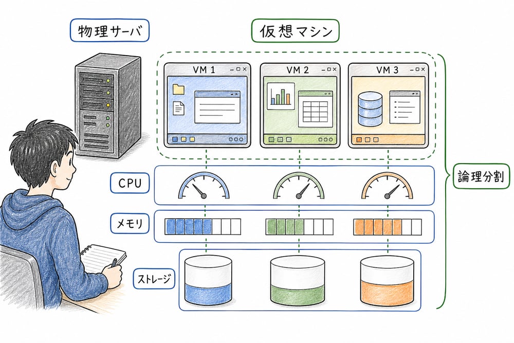 1台の物理サーバ上に複数の仮想マシンを載せる仮想化の基本を示す図解