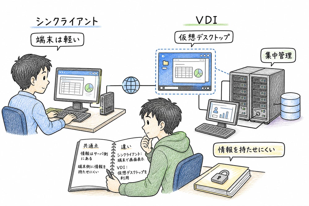 端末側を軽くし、サーバ側の仮想デスクトップを使う VDI を比較する図解