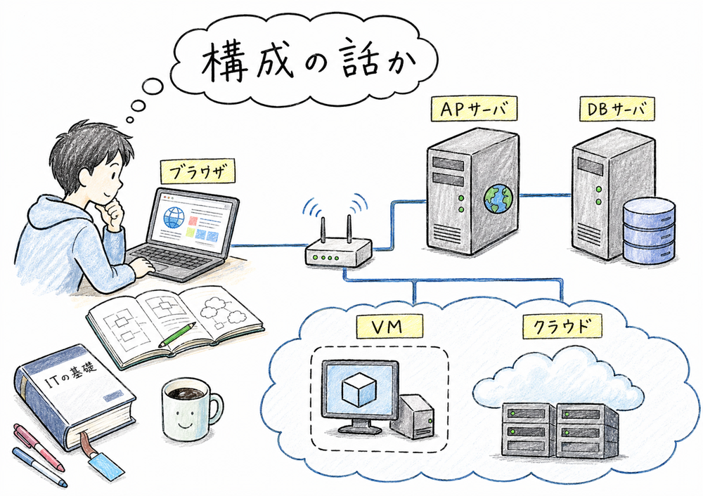 利用者端末とサーバの役割分担を、画面入力と業務処理、データ管理で見分ける図解