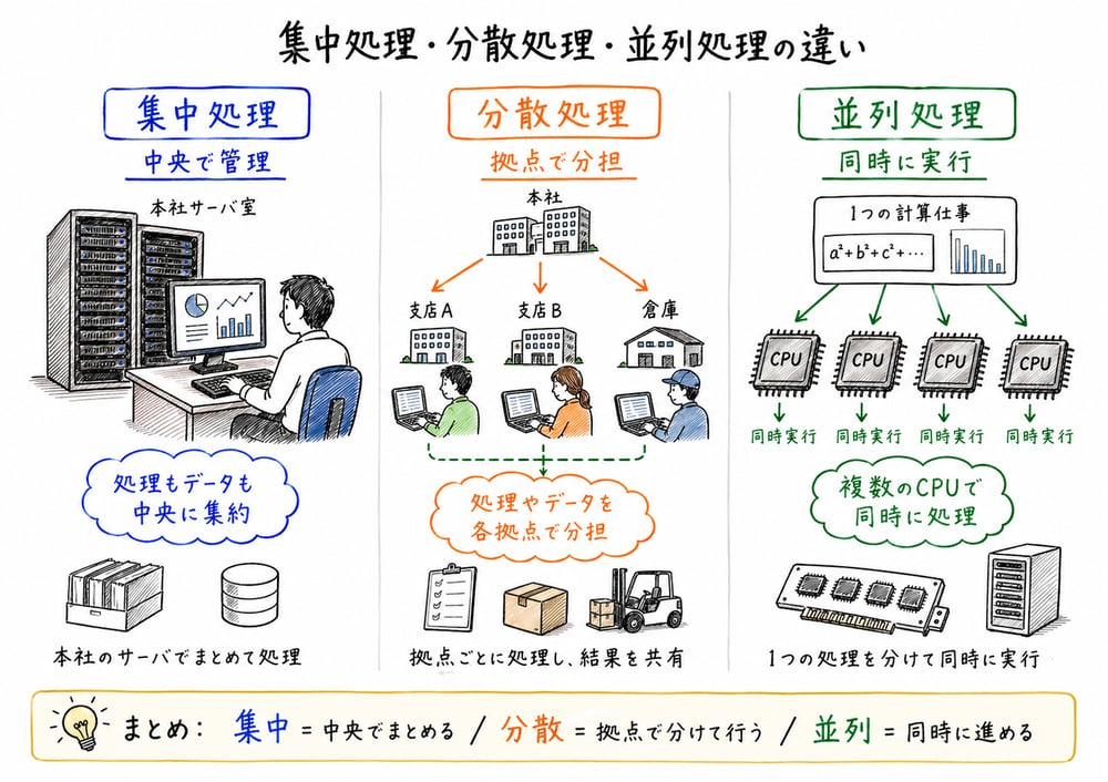 中央集約の集中処理、拠点分担の分散処理、複数CPUの並列処理を具体物で比較する図解