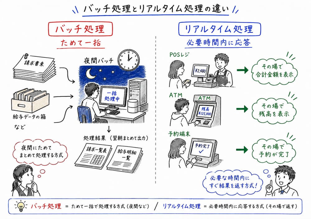 請求書や給与をまとめて処理するバッチ処理と、その場で応答するリアルタイム処理を対比する図解