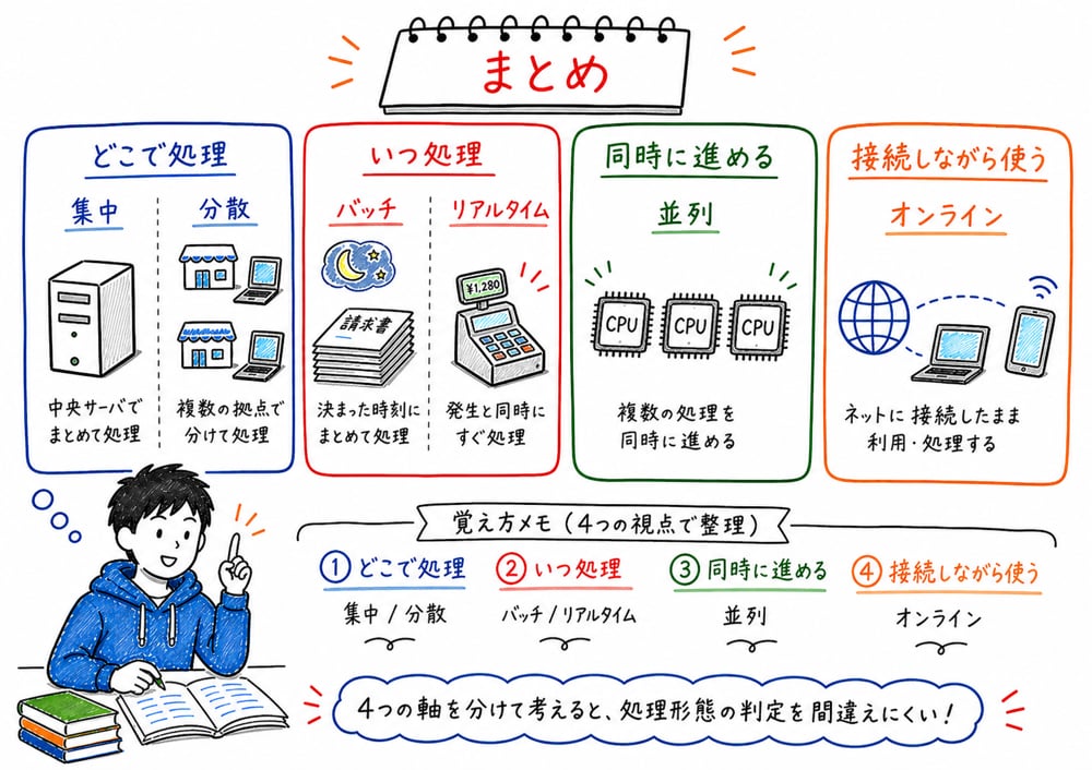 どこで処理するか、いつ処理するか、同時に進めるかを分けて整理する章末まとめ図解