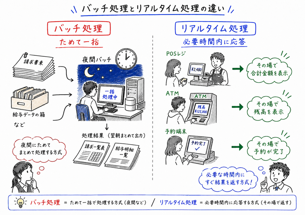 請求書や給与をまとめて処理するバッチ処理と、その場で応答するリアルタイム処理を対比する図解
