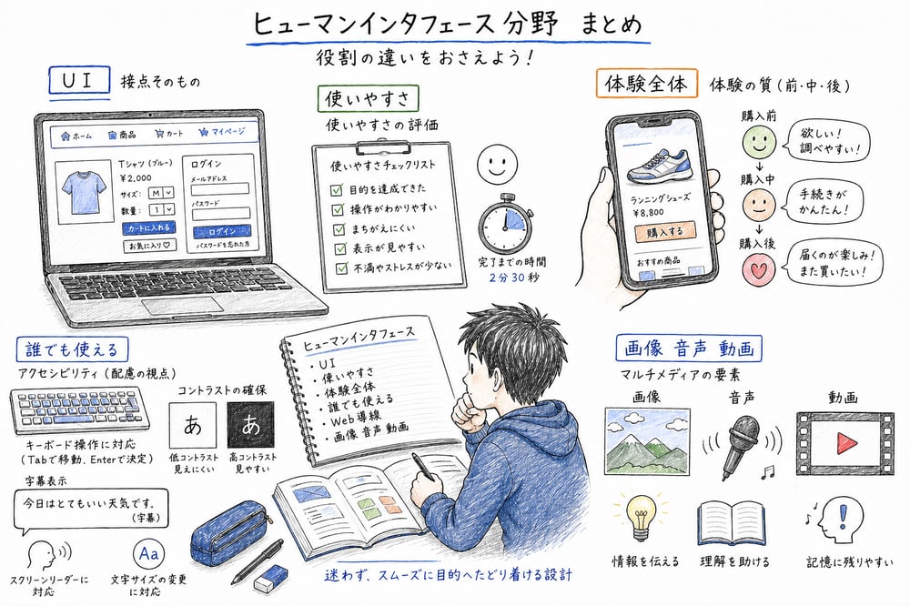 UI、UX、アクセシビリティ、マルチメディアの要点をまとめた図解