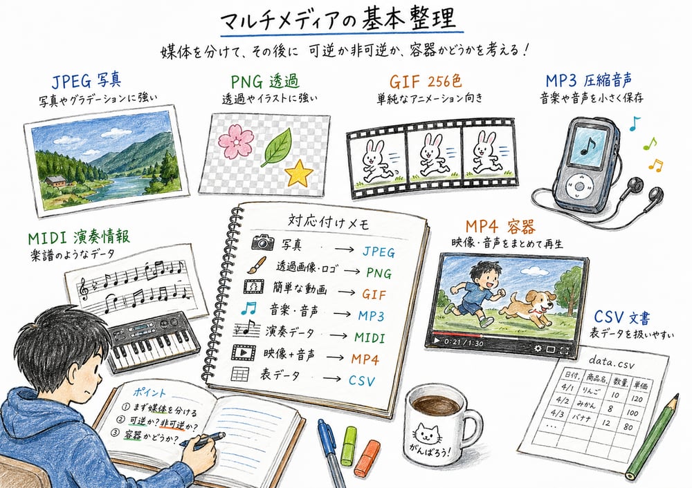 画像、音声、動画、文書の形式と圧縮の違いを対応付けた図解