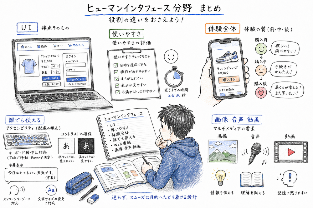 UI、UX、アクセシビリティ、マルチメディアの要点をまとめた図解