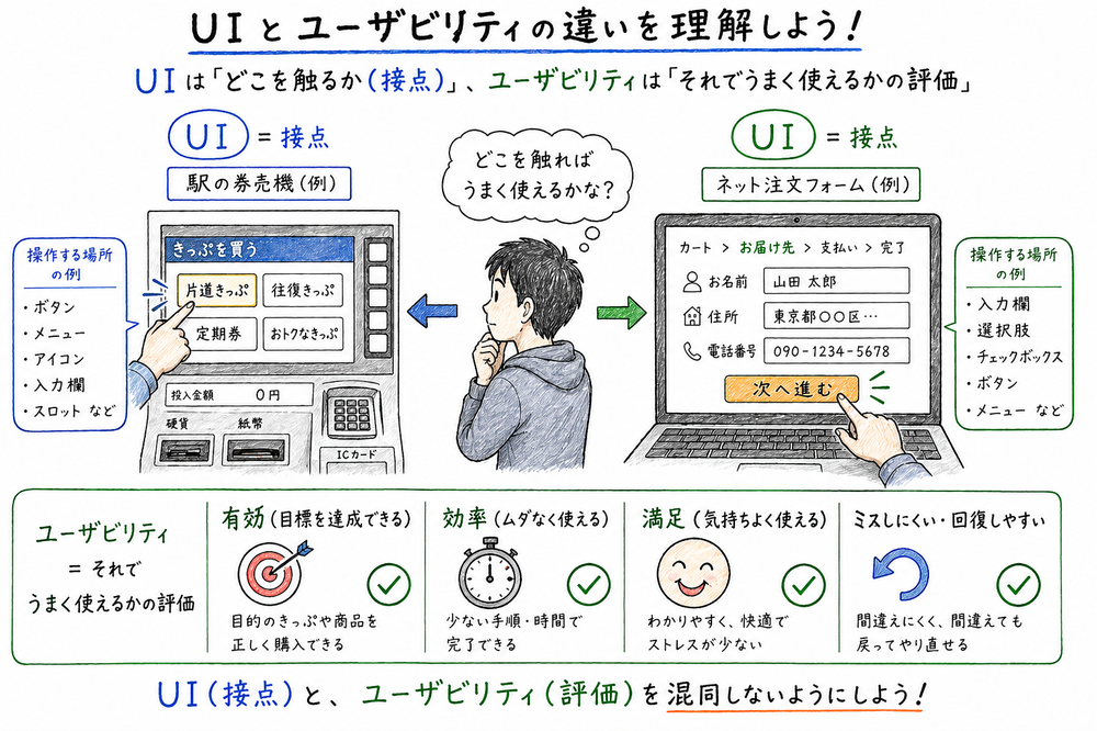 UIとユーザビリティの違いを、操作画面と使いやすさの評価で整理した図解