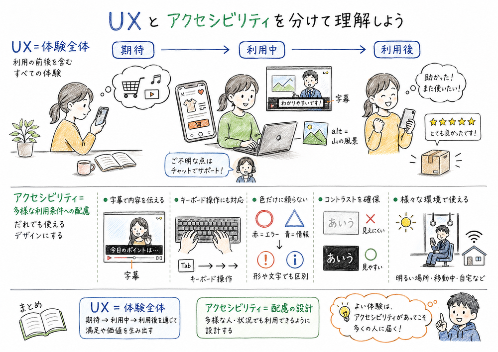 UXとアクセシビリティを、利用前後の体験と多様な利用条件で整理した図解