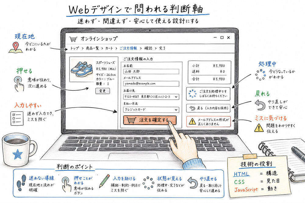 Webデザインで問われる判断軸を、画面構造、導線、入力支援で整理した図解