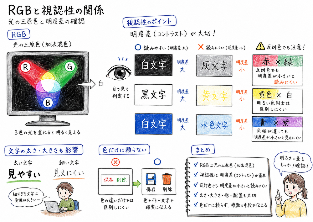 RGBと視認性の関係を、色の三原色と明度差で示した図解