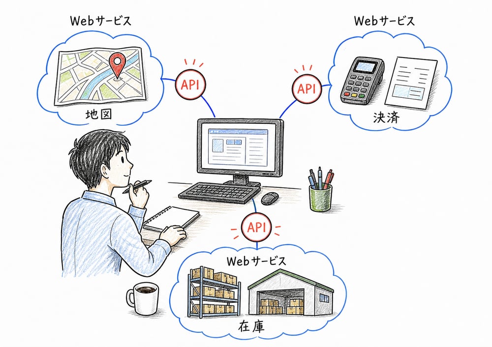 WebサービスとAPIで複数のシステムが連携する様子を示す図解