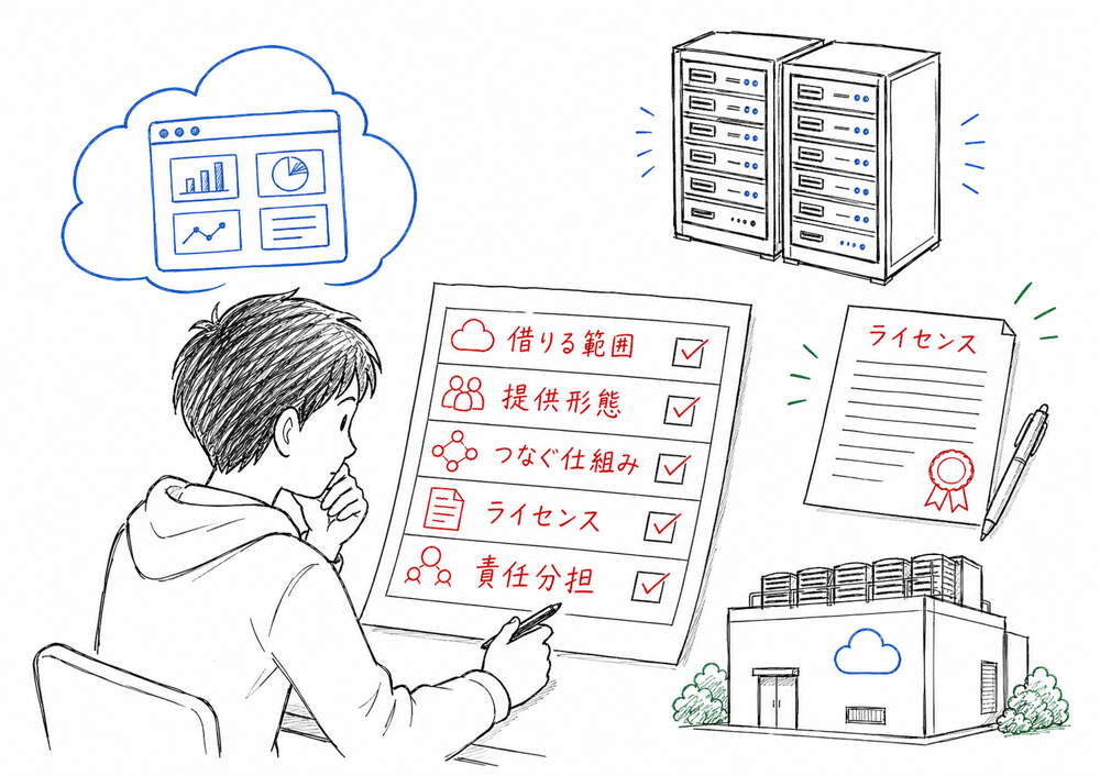 初期費用や自由度、責任範囲の観点で外部情報資源の活用を判断する図解