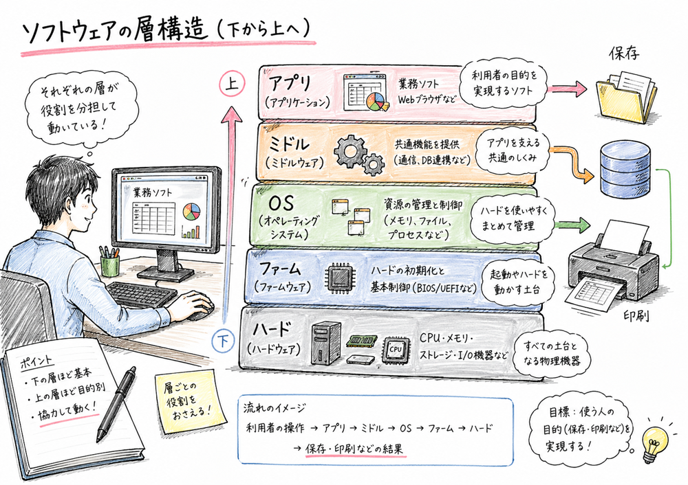 IaaS、PaaS、SaaSで事業者と利用者の責任分担が変わることを示す図解