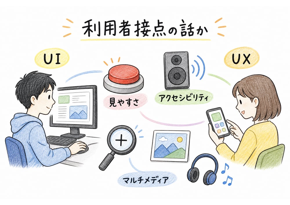 画面の使いやすさやUX、アクセシビリティ、表現方法ならヒューマンインタフェースへ戻ることを示す図解