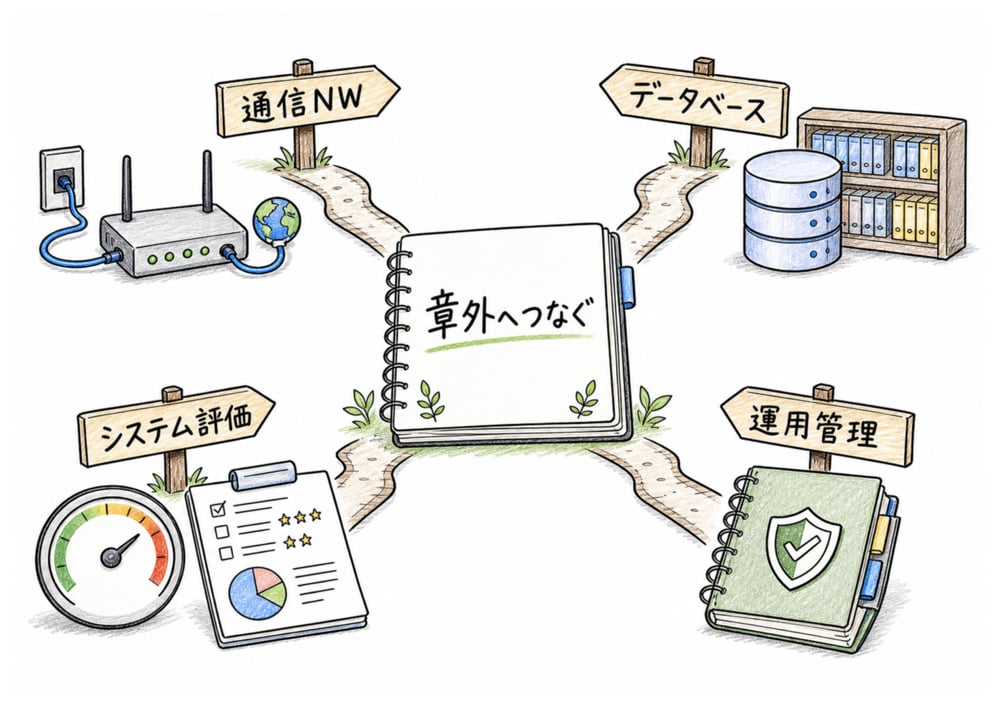 ネットワークやデータベース、システム評価、運用管理など章外の戻り先を示す図解