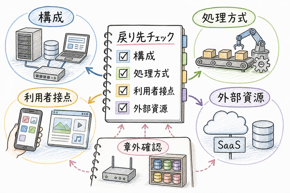 4つの軸で戻り先を決め、必要なら章外の関連章へつなぐ判断手順をまとめた図解