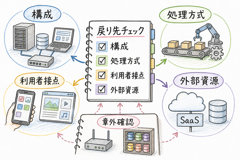 4つの軸で戻り先を決め、必要なら章外の関連章へつなぐ判断手順をまとめた図解