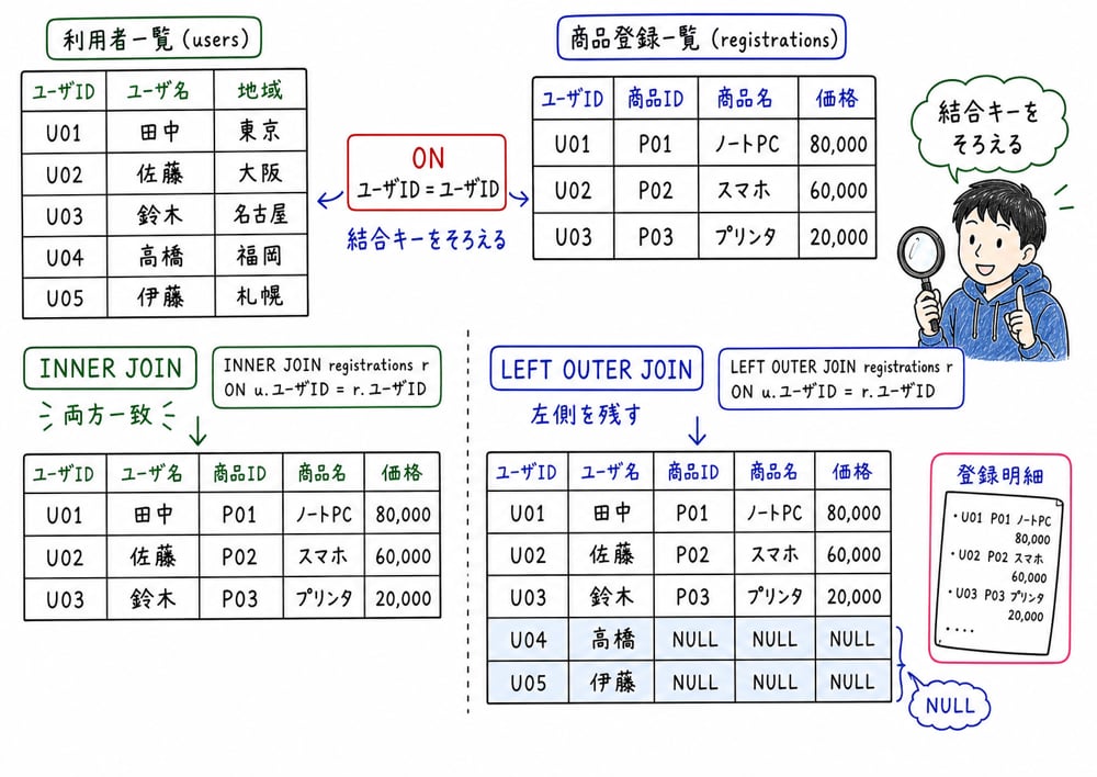利用者表と商品登録表を結合し、INNER JOINとLEFT OUTER JOINの違いを見比べる図解