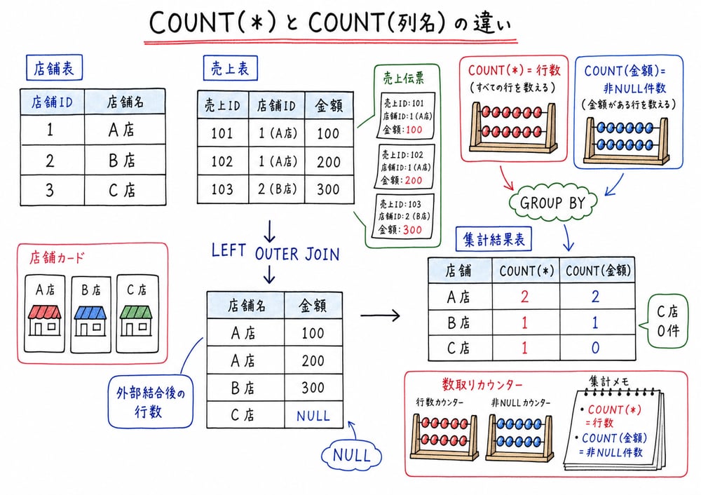 COUNT(*) と COUNT(列名) の違いをNULLを含む集計表で比較する図解