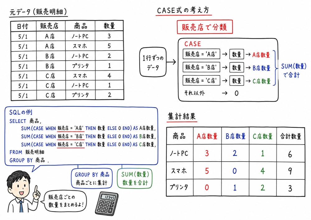 CASE式で販売店ごとに分類し、SUMとGROUP BYで数量を集計する流れを示す図解