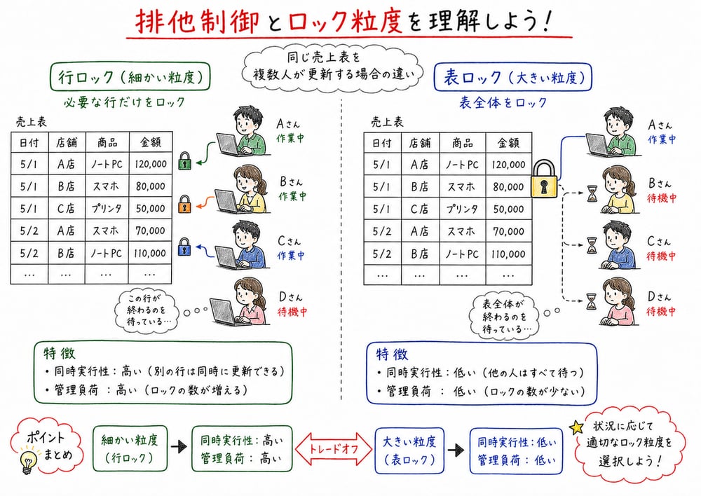 行ロックと表ロックの違いと、同時実行性と管理負荷のトレードオフを示す図解
