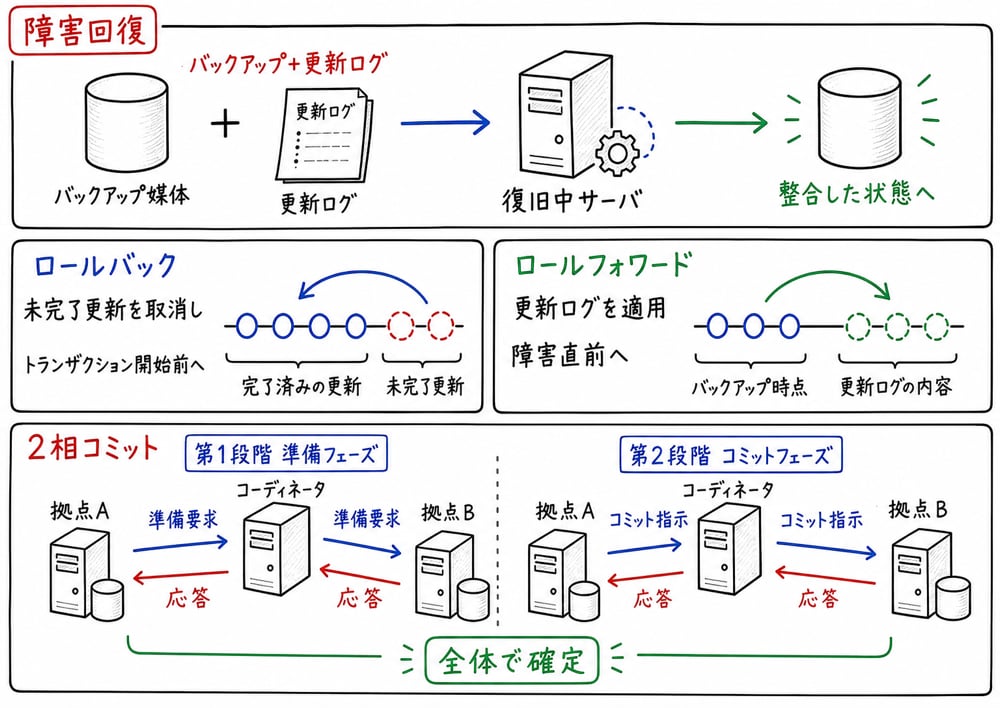 ロールバック、ロールフォワード、2相コミットの役割をサーバとログで示す図解