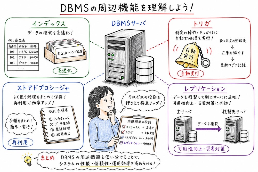インデックス、ストアドプロシージャ、トリガ、レプリケーションの役割差を具体物で示す図解
