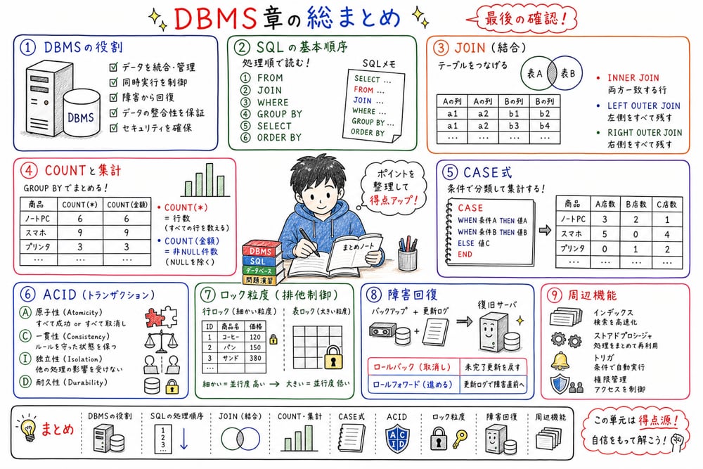 DBMS、SQL、結合、集計、ACID、排他制御、障害回復、周辺機能の総まとめを一覧化する図解
