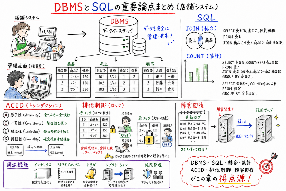 DBMS、SQL、結合、ACID、排他制御、障害回復の重要論点を一枚で整理する図解