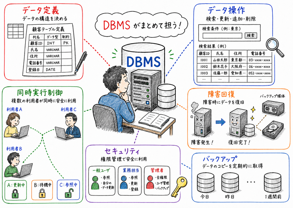 DBMSがデータ定義、操作、同時実行制御、障害回復、セキュリティを担う様子を具体物で示す図解