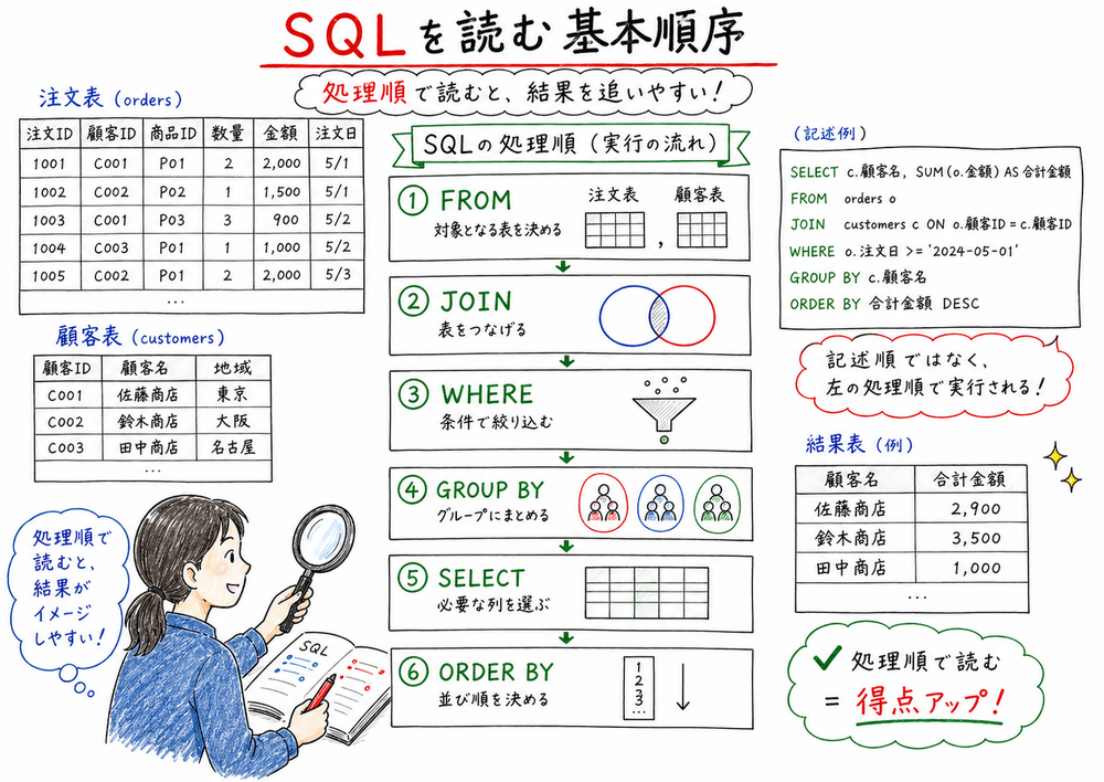 SQLをFROM、JOIN、WHERE、GROUP BY、SELECT、ORDER BYの順で読む流れを店舗と表で示す図解