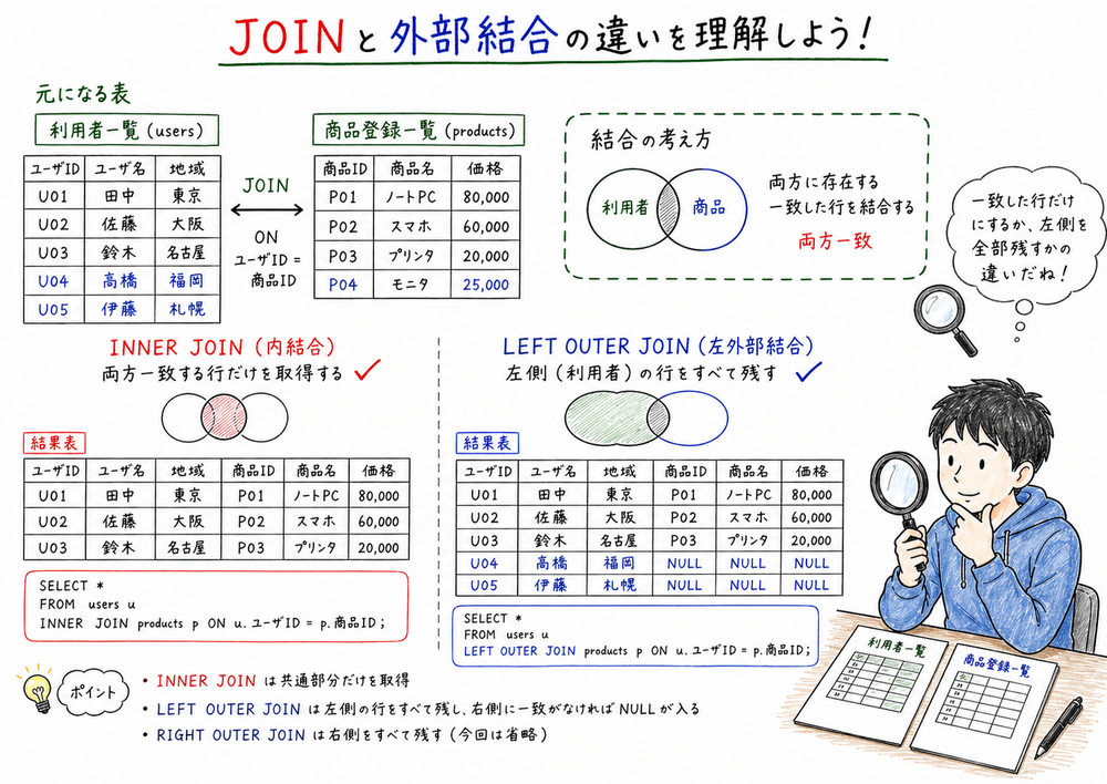 利用者表と商品登録表を結合し、INNER JOINとLEFT OUTER JOINの違いを見比べる図解