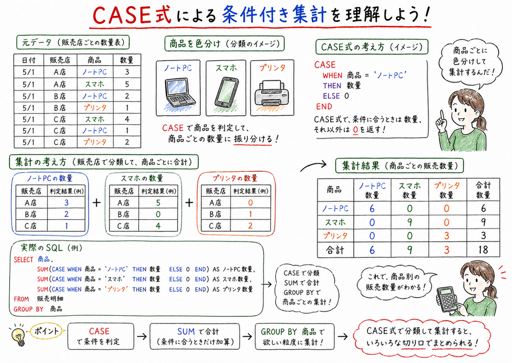 CASE式で販売店ごとに分類し、SUMとGROUP BYで数量を集計する流れを示す図解