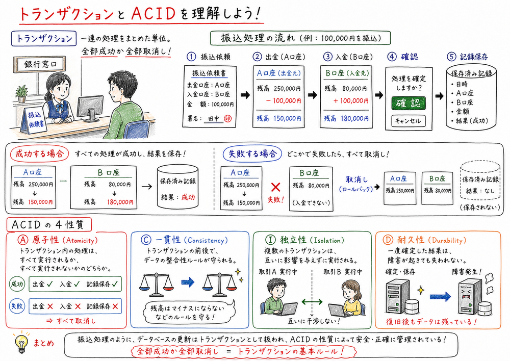 振込処理を例にトランザクションとACIDの4性質を整理する図解