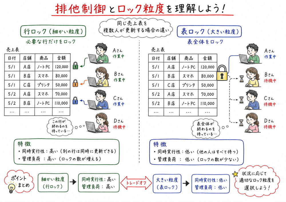 行ロックと表ロックの違いと、同時実行性と管理負荷のトレードオフを示す図解