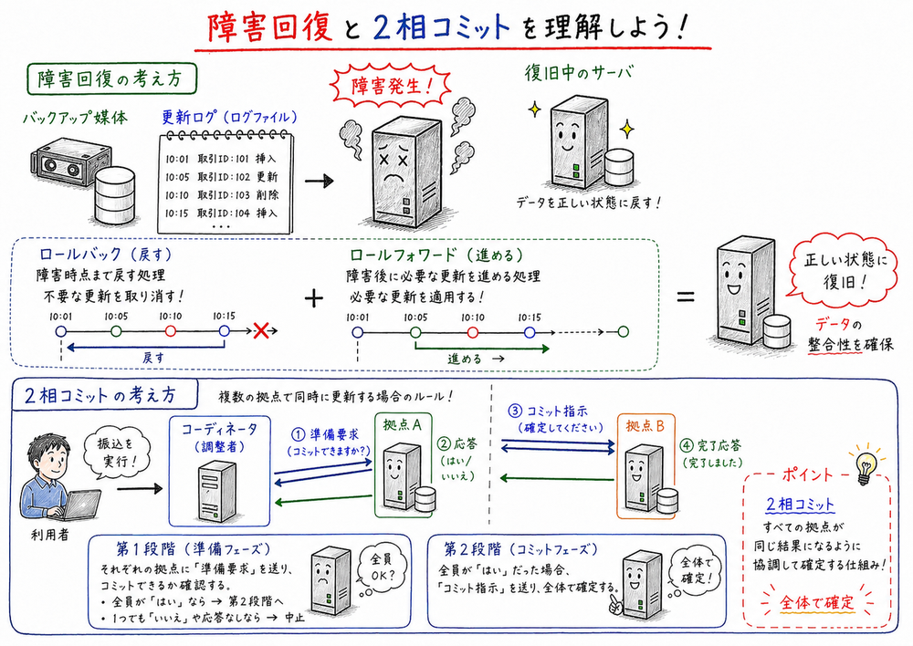 ロールバック、ロールフォワード、2相コミットの役割をサーバとログで示す図解